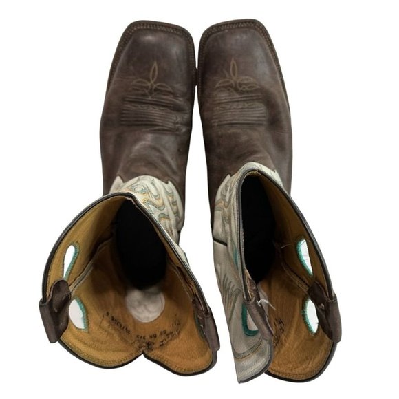 JUSTIN Bent Rail Boots BR313 Brown White w Turquoise Western Square Toe Mens 11 - Picture 8 of 14